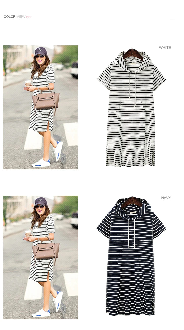 Striped hooded dress in white and navy color variations, perfect for casual summer outings.