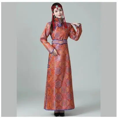 Mongolian ethnic women’s dress, traditional apparel with floral patterns, showcasing cultural heritage and elegant design.