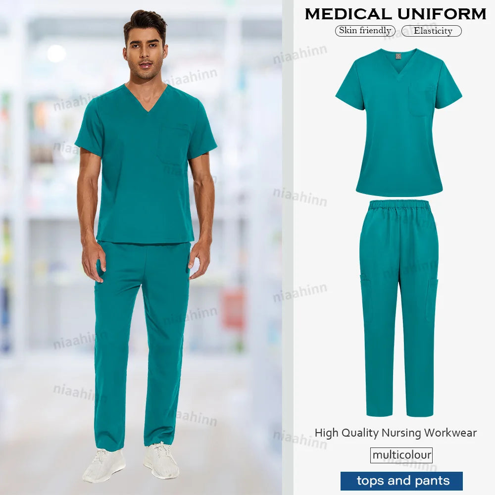 Multicolor surgical gown set for men, featuring breathable fabric and modern design, ideal for medical professions.