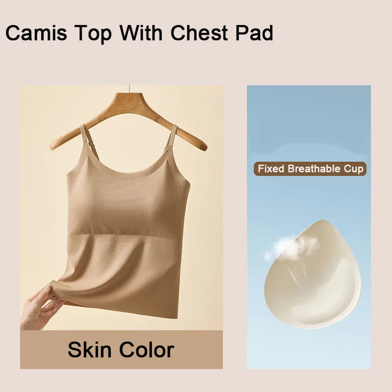 BraChic™ Ice Silk Cami in skin color, featuring built-in breathable chest pad for comfort and support.