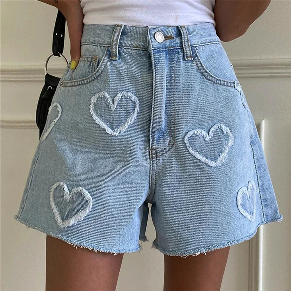 HeartJorts™ – Y2K High Waist Jorts (LOVE Heart Pattern, Chic & Washed)