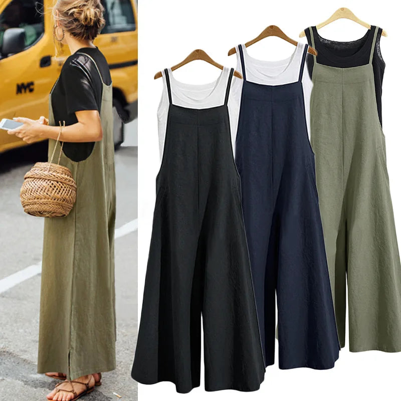 Women Wide Leg Cotton Linen Jumpsuit