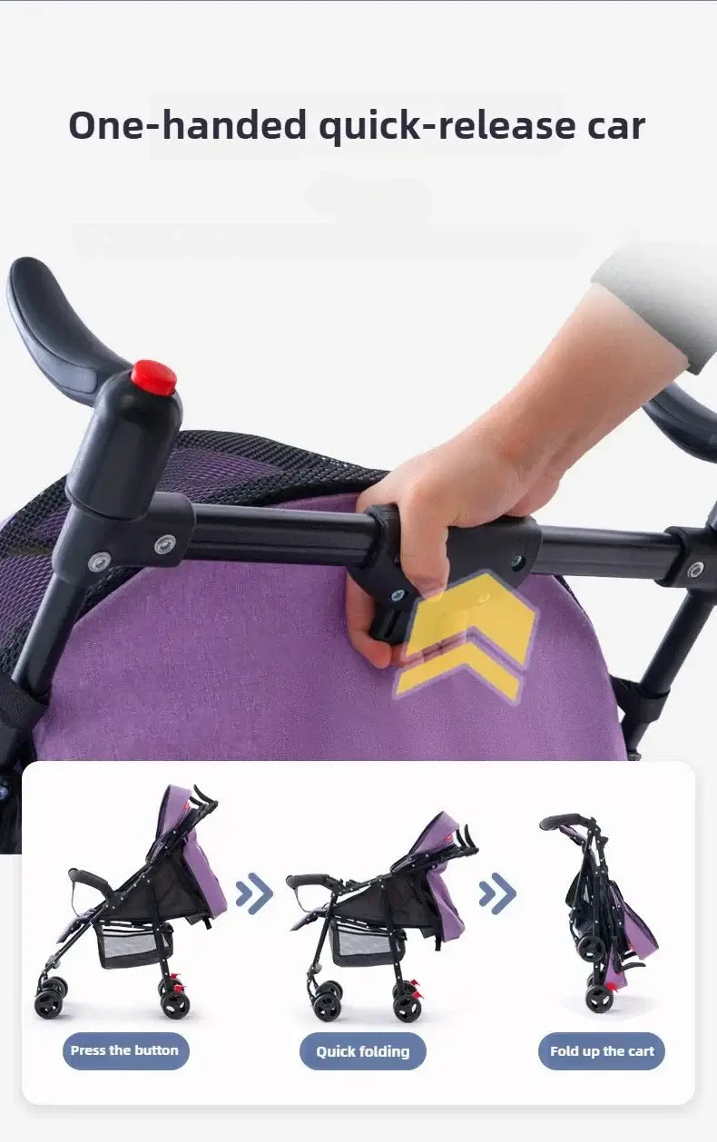 One-handed quick-release feature on a baby stroller, demonstrating easy folding with a press button system.