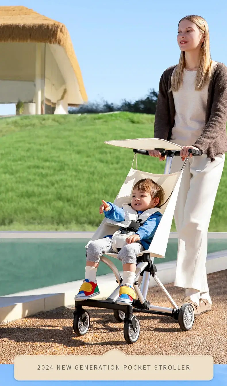 Lightweight travel stroller with all-terrain wheels, designed for kids aged 1-6 years, in a sunny outdoor setting.