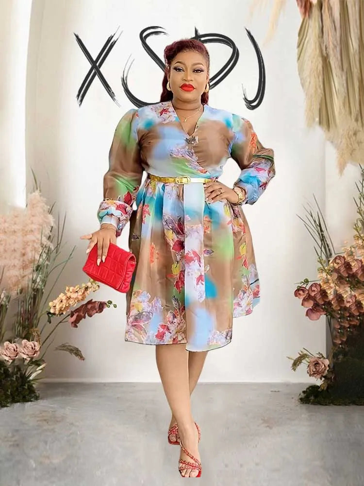 فستان نسائي من الشيفون المطبوع بفتحة رقبة على شكل حرف V