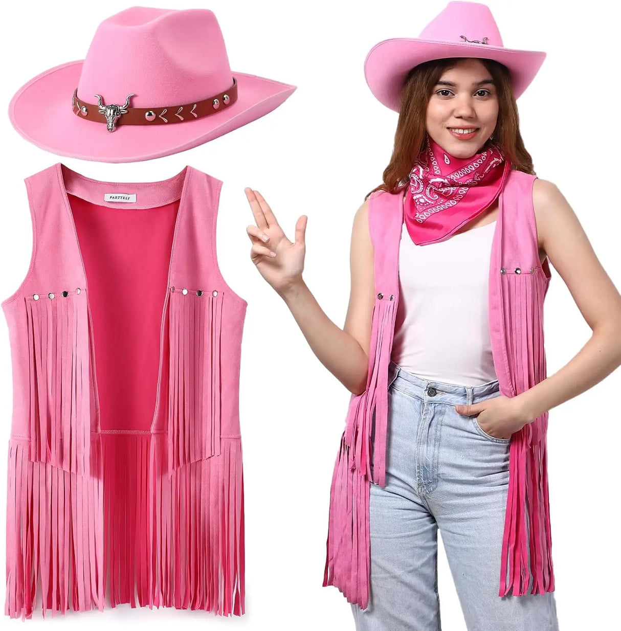 Cowboy costume set featuring pink tassel vest, hat, and bandana, perfect for women, made of polyester.