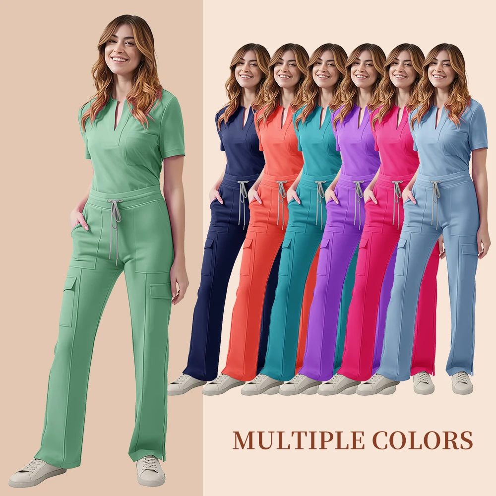 Women’s medical scrub set featuring a pocket top and pants in multiple colors for nursing uniforms.