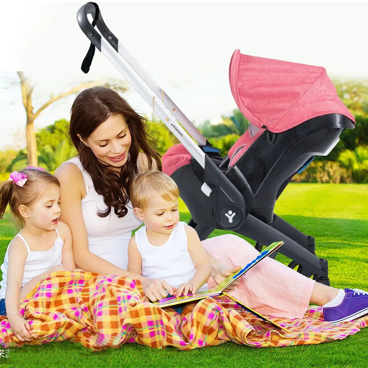 Mom and kids enjoying time outdoors with a folding baby stroller in a park, ideal for children ages 0-2 years.