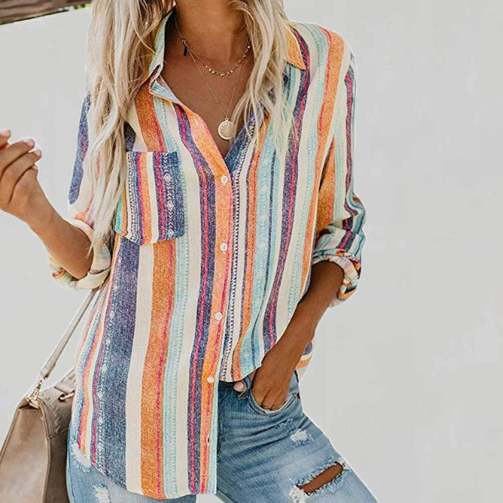 Women Striped Lapel Button Cardigan Shirt