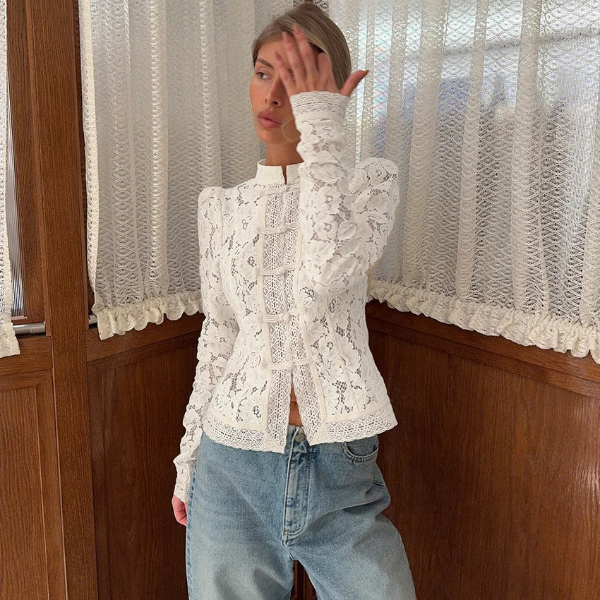 Lace Bloom Embroidered Puff Sleeve Blouse