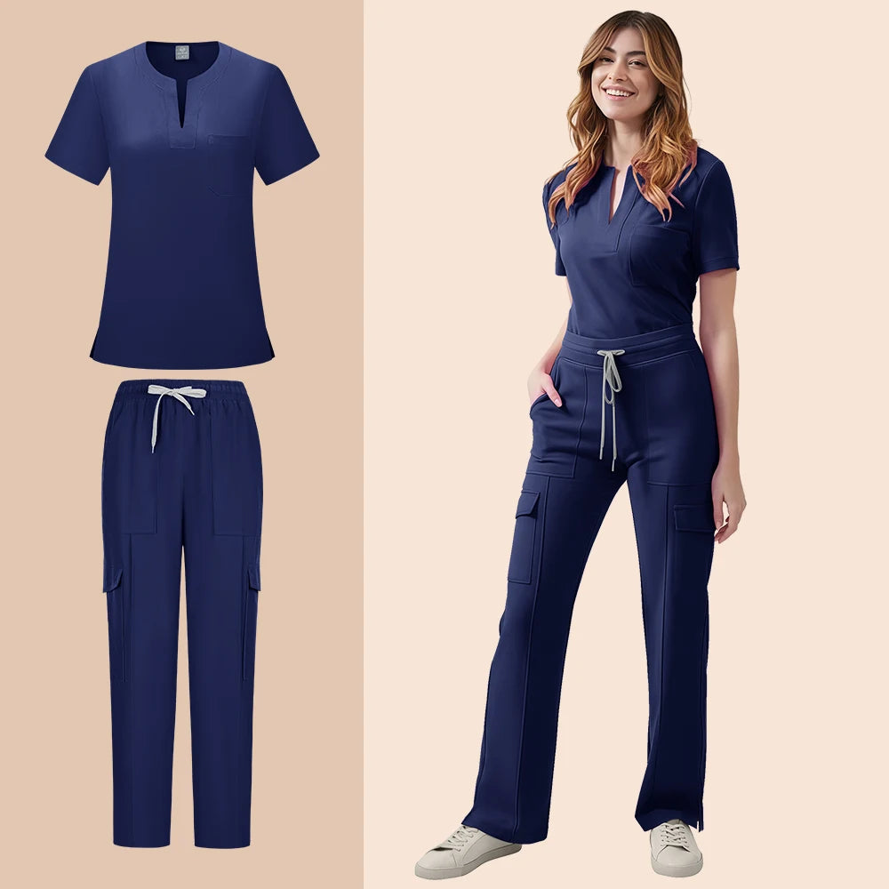 Women’s navy medical scrub set featuring a pocket top and pants, ideal for healthcare professionals.