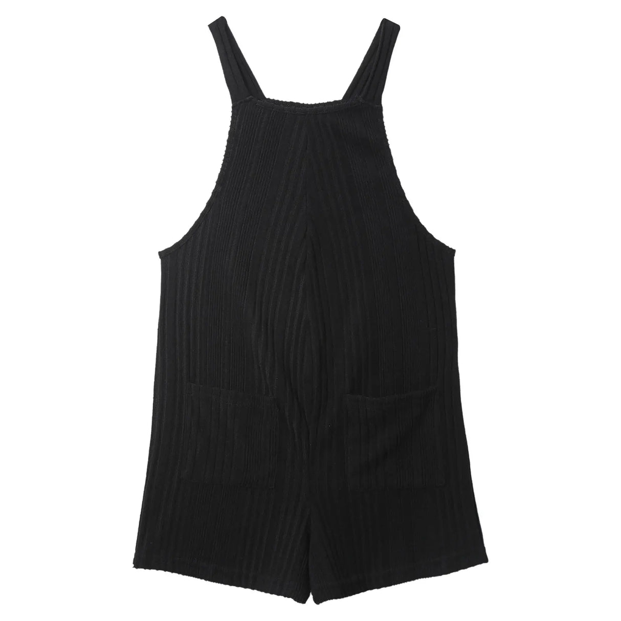 Sleeveless ribbed maternity jumpsuit in black, designed for comfort and style during summer, featuring loose fit and pockets.