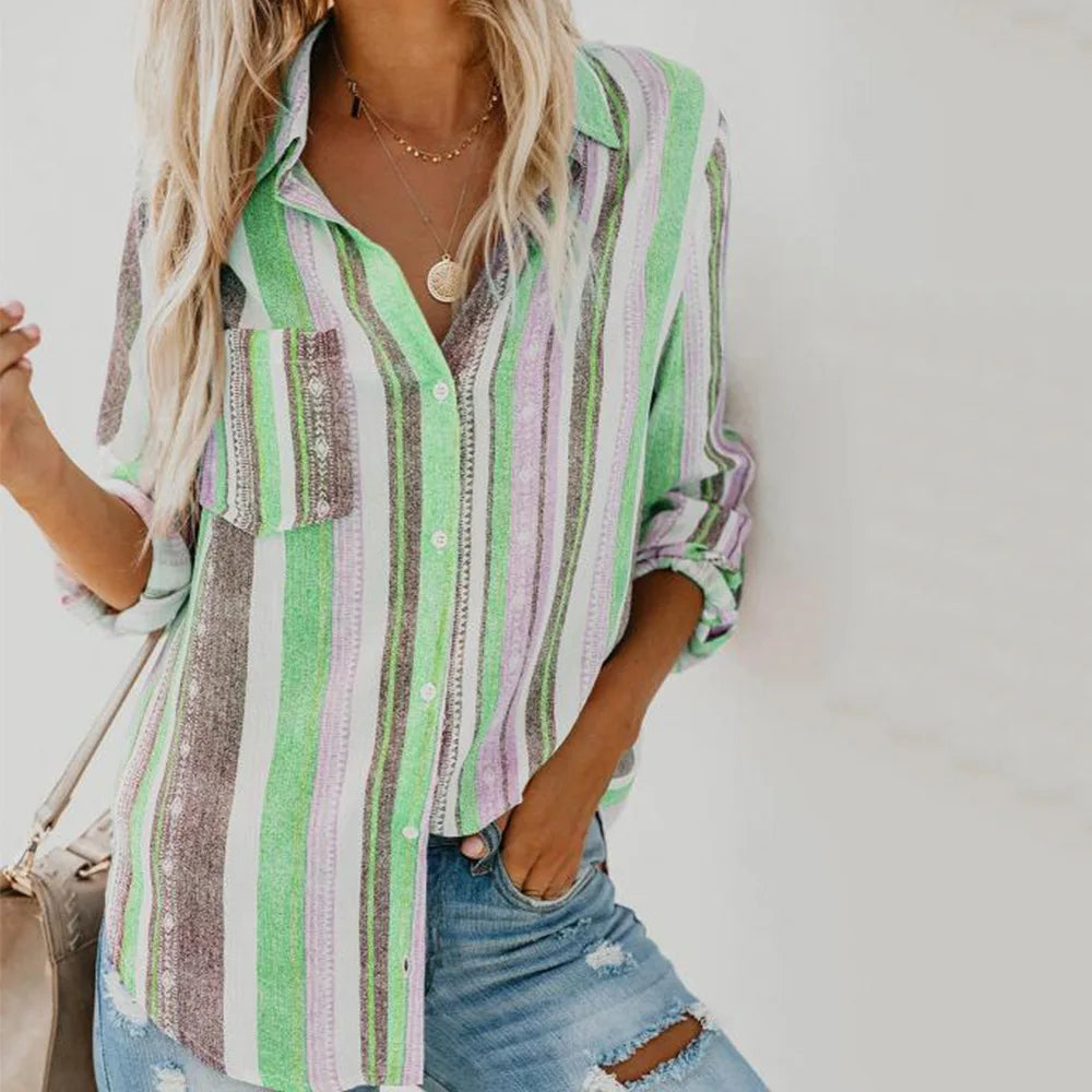 Women Striped Lapel Button Cardigan Shirt