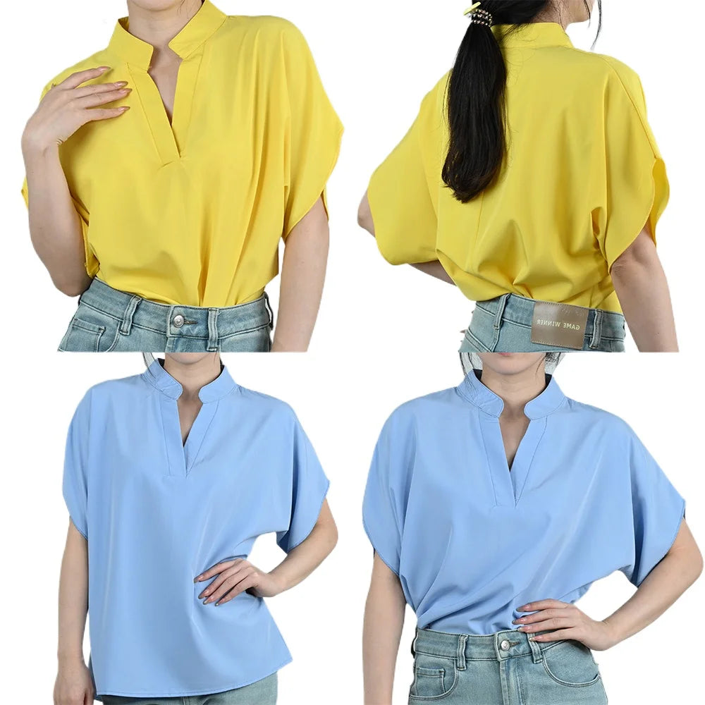 FlareFemme V-Neck Summer Blouse in yellow and blue with short flare sleeves, perfect for midlife women.