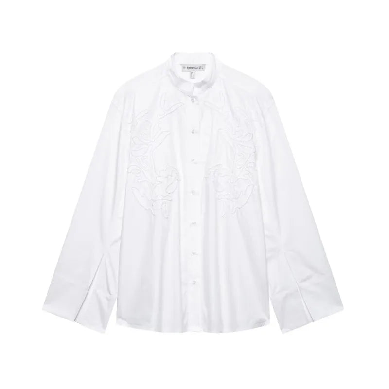 EmbroiChic™ elegant white embroidered long sleeve shirt for women, perfect for casual outings.