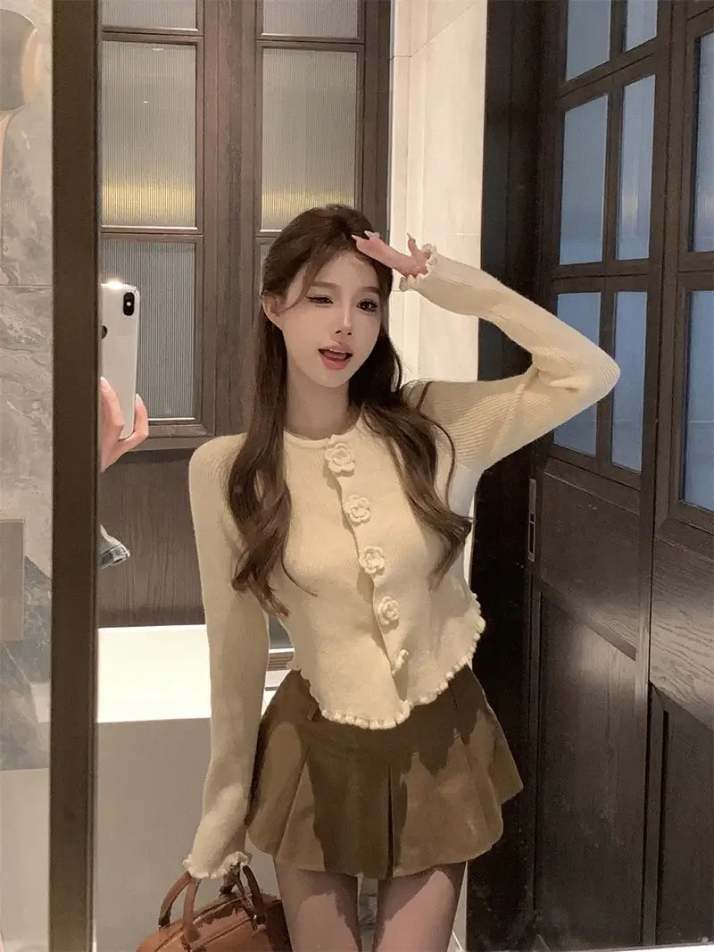 كارديجان نسائي قصير محبوك مزهر