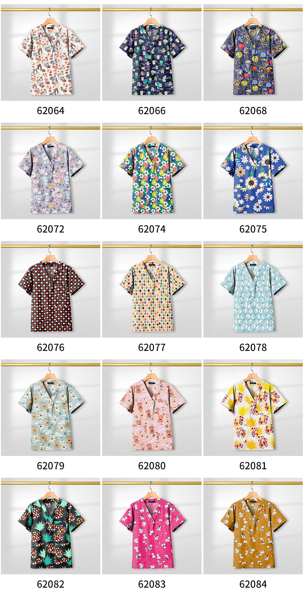 Collection of colorful floral printed short-sleeve shirts displayed in grid format, showcasing various patterns and styles.