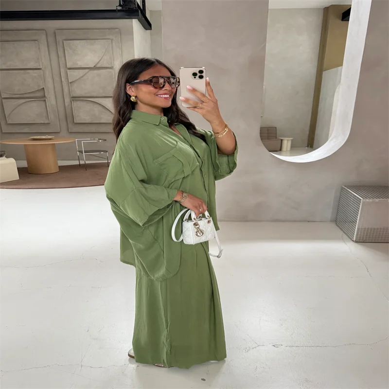 طقم بنطال نسائي من القطن بقصة واسعة