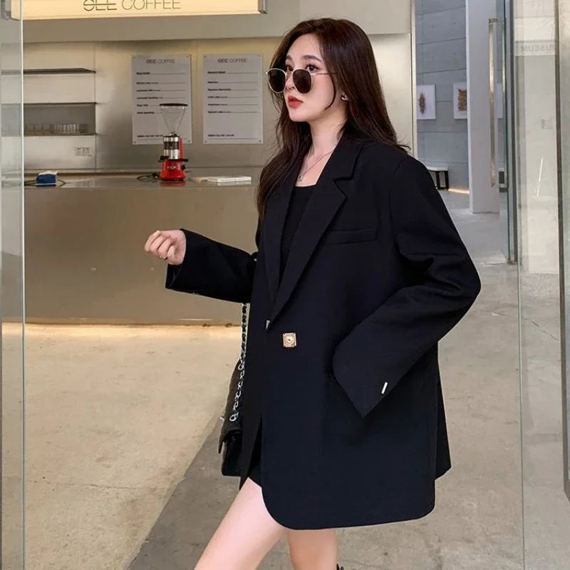 DrapeForm™ – Longline Loose Blazer (Youthful Black Jacket, Layered Elegance)