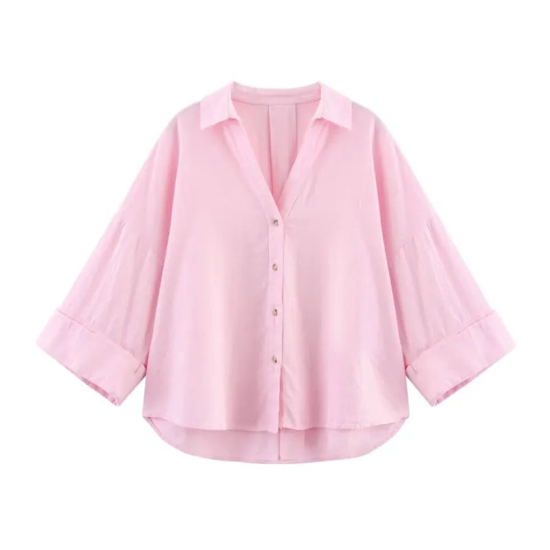 AsymLinen™ wide sleeve pink linen shirt with button-down design and loose fit for women.