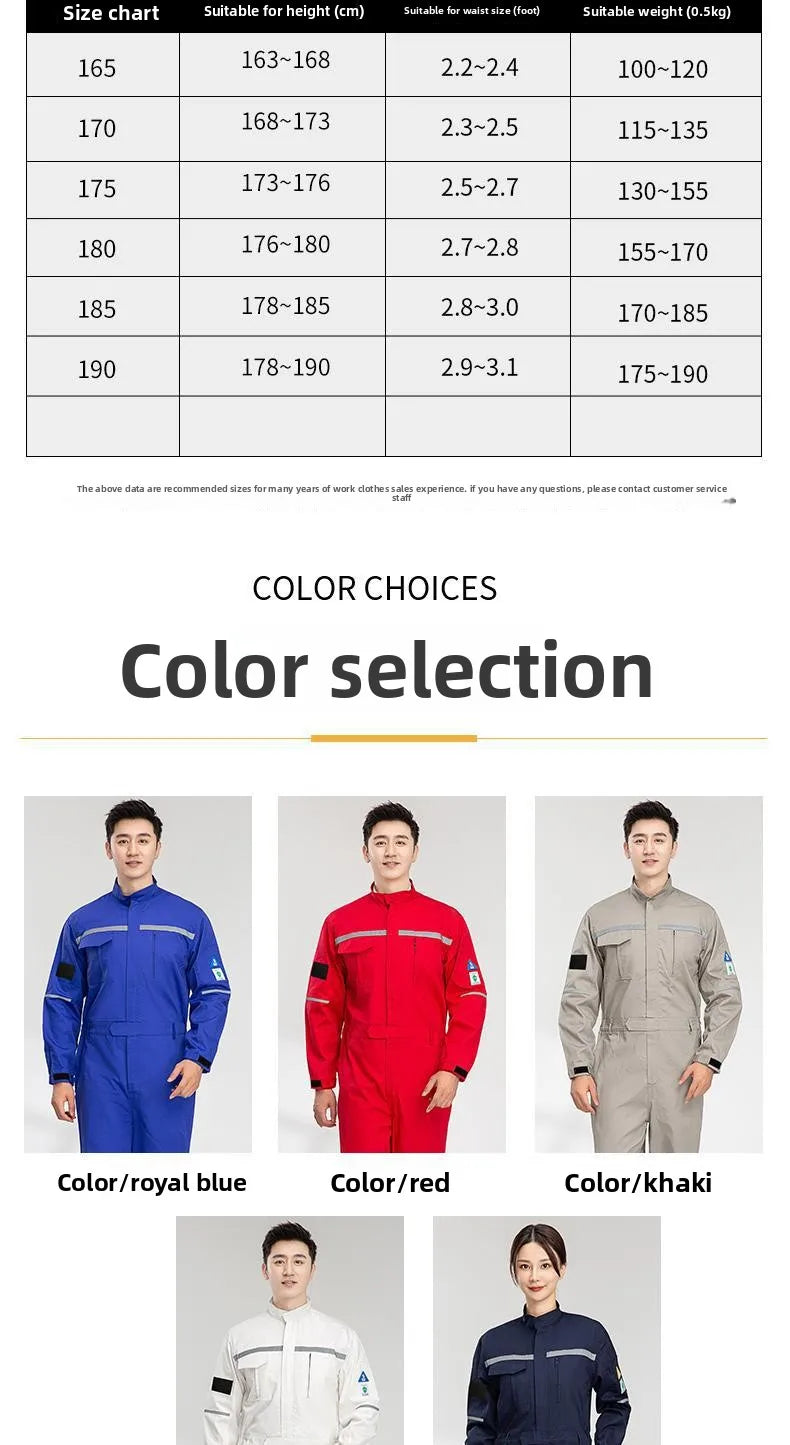 Size chart and color options for Pure Cotton Anti-Static Flame-Resistant Welding Suit in blue, red, and khaki.
