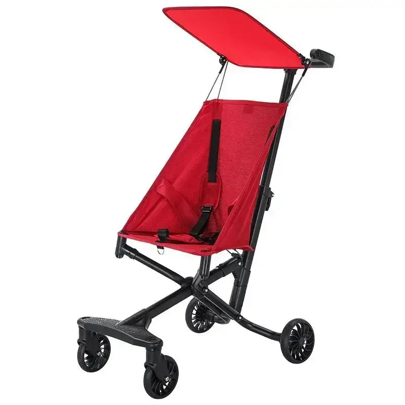 Lightweight red baby stroller with a foldable design and high carbon steel frame, perfect for ages 1-6 years.