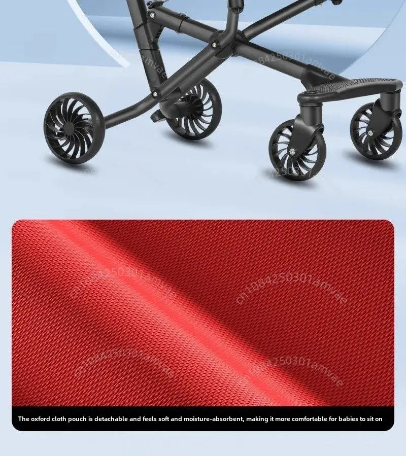 Close-up of a lightweight baby stroller with a detachable red oxford cloth pouch, highlighting soft and moisture-absorbent fabric.