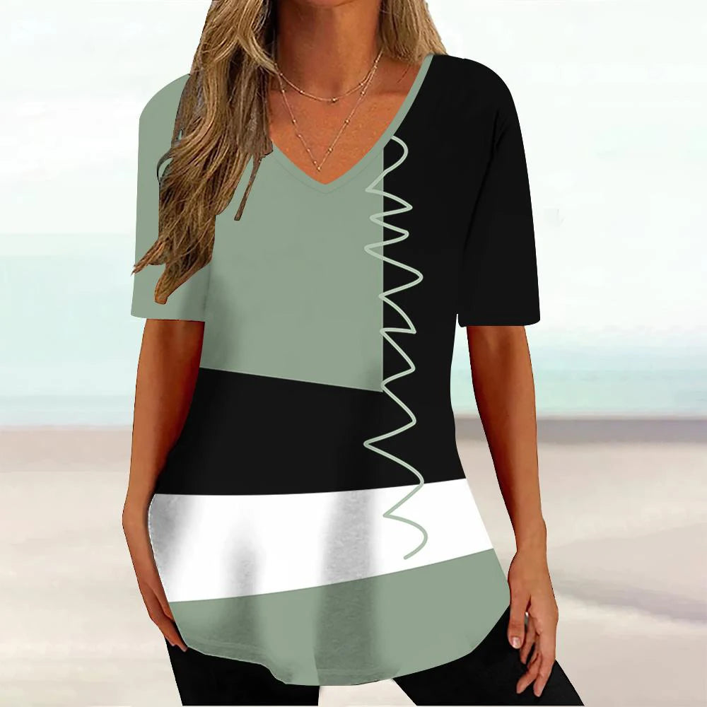 Women 3D Print V-Neck Tee