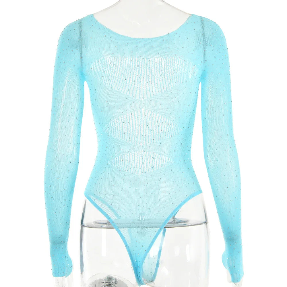 Women's Knitted Rhinestone Long Sleeve Bodysuit – Sexy Y2K Outfit