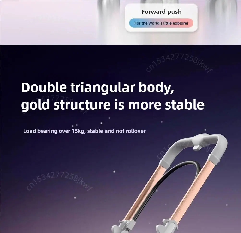 Stable double triangular body design of a lightweight baby stroller, load bearing over 15kg, for safe exploration.