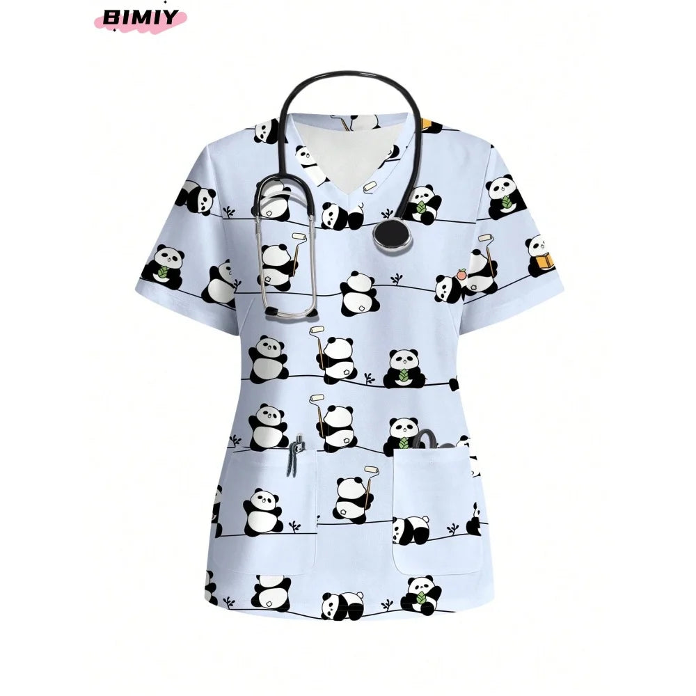 Colorful cartoon panda print nursing scrub top with pockets and stethoscope, perfect for medical professionals.