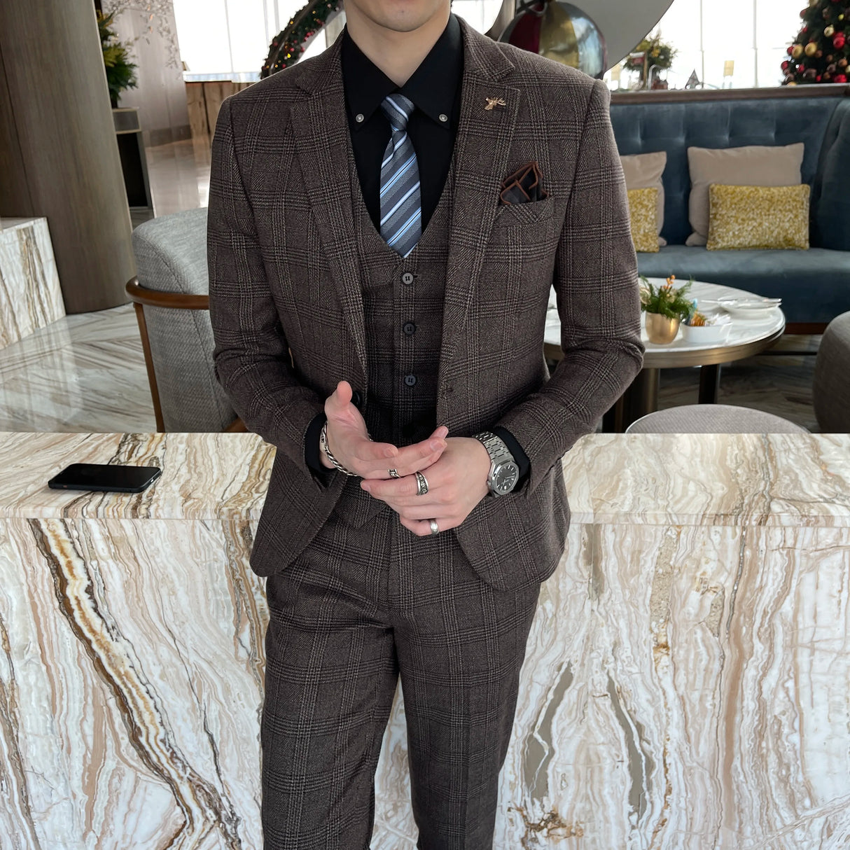 Men Plaid 3-Piece Business Suit