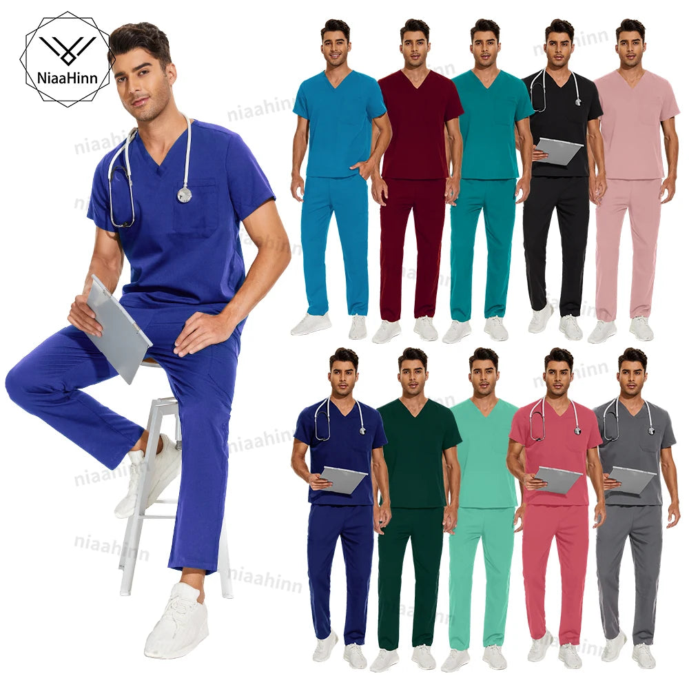 Multicolor surgical gown scrub sets for men by NiaaHinn, featuring breathable fabrics in various colors.