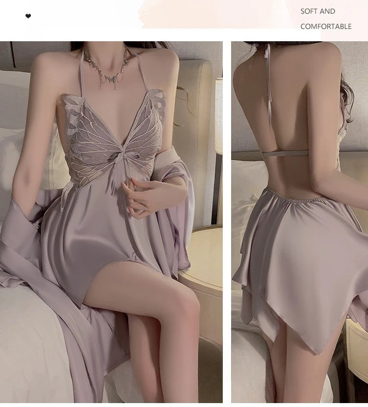 طقم نوم نسائي مع روب فيونكة