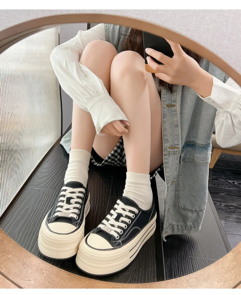 Women Canvas Shoes Black White Platform Sneakers