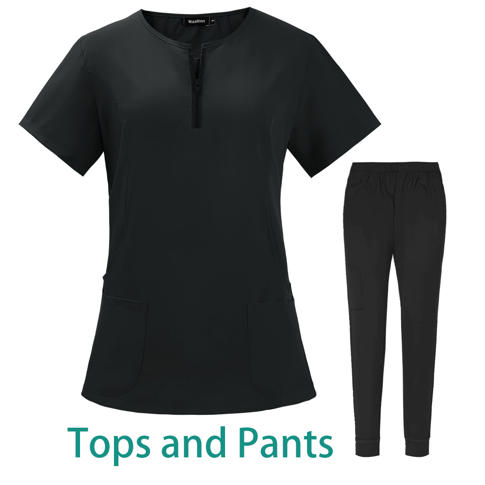 7-color nursing work uniform featuring a zipper v-neck top and pants, ideal for beauty salons and laboratories.