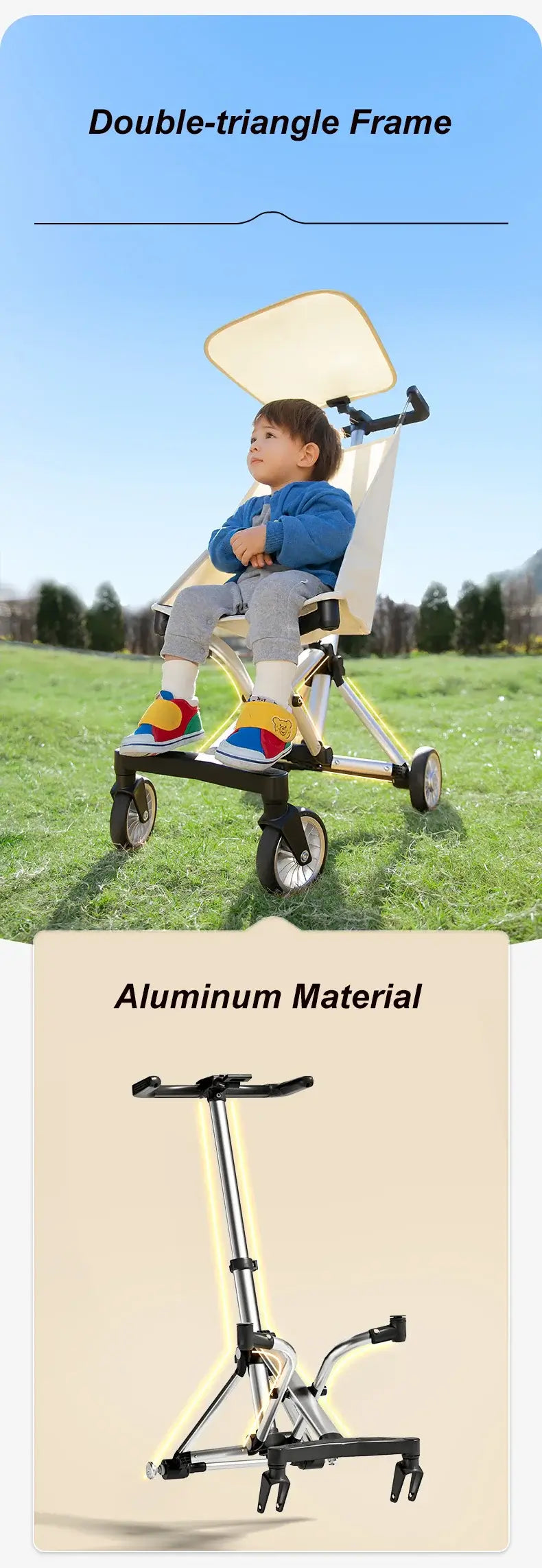 Lightweight travel stroller with double-triangle frame and aluminum material, perfect for children aged 1-6 years.