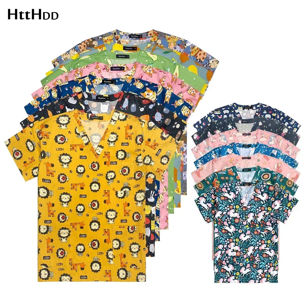 Colorful women’s hospital nurse scrubs featuring animals and floral prints, ideal for medical and beauty professionals.