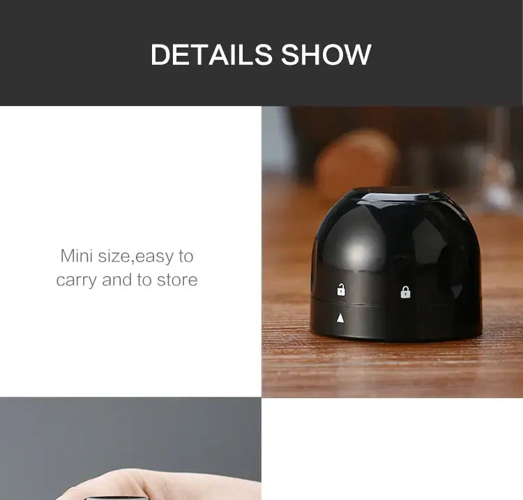 Compact black silicone vacuum stopper for wine bottles, easy to carry and store.