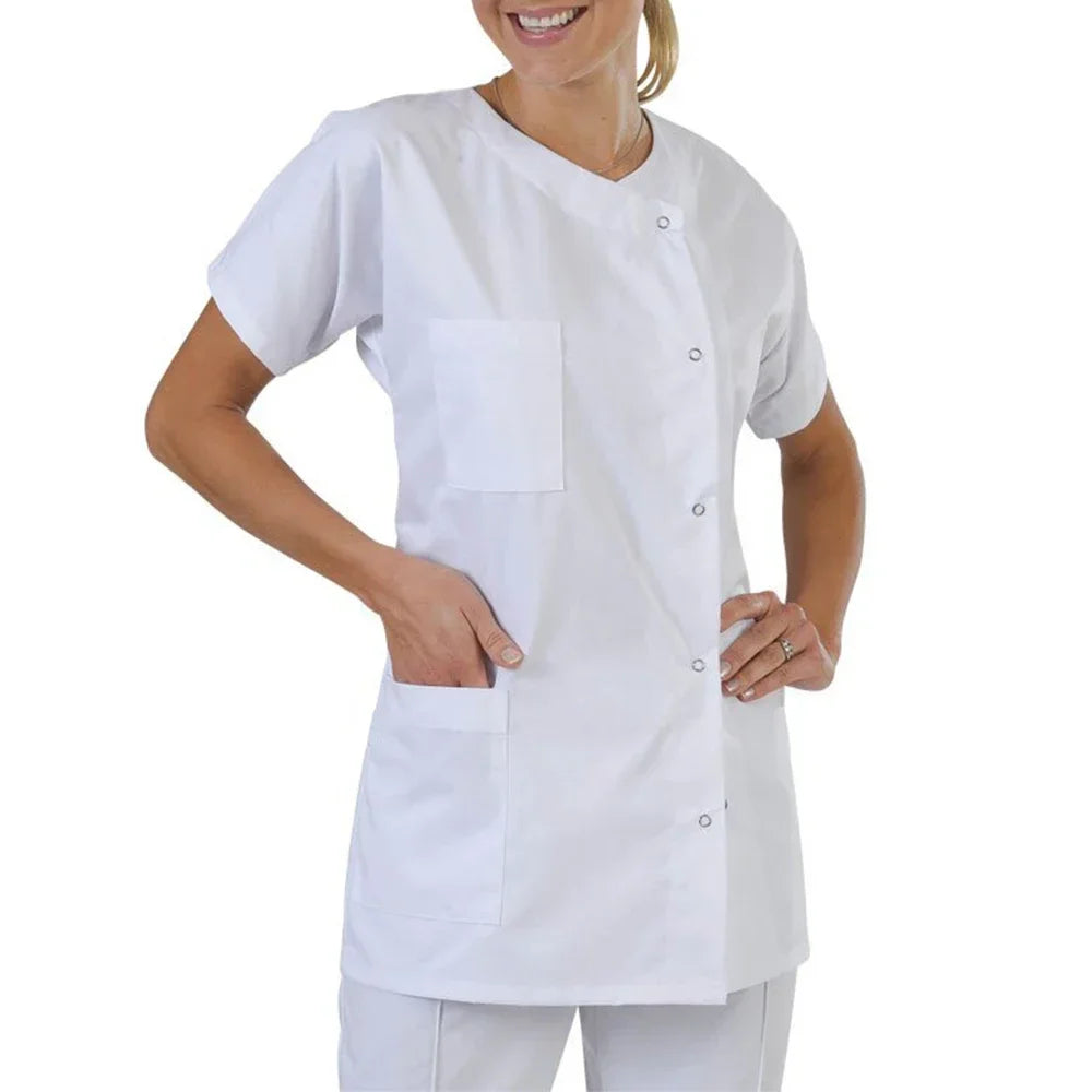 Unisex short sleeve medical shirt in white, perfect for pharmacy or doctor's outfits, made of cotton and polyester.