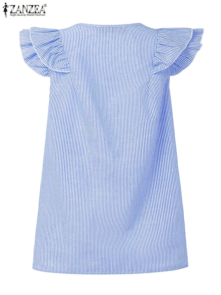 بلوزة نسائية مخططة بدون أكمام وفتحة رقبة على شكل حرف V