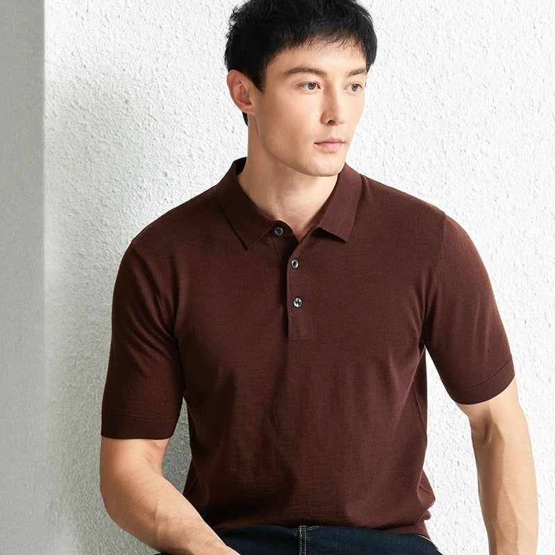Men Short Sleeve Wool Polo Knit