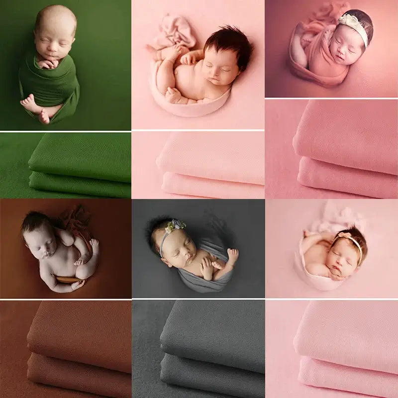 Collage of newborns wrapped in soft blankets showcasing colors for photography. Includes shades of green, pink, and brown.