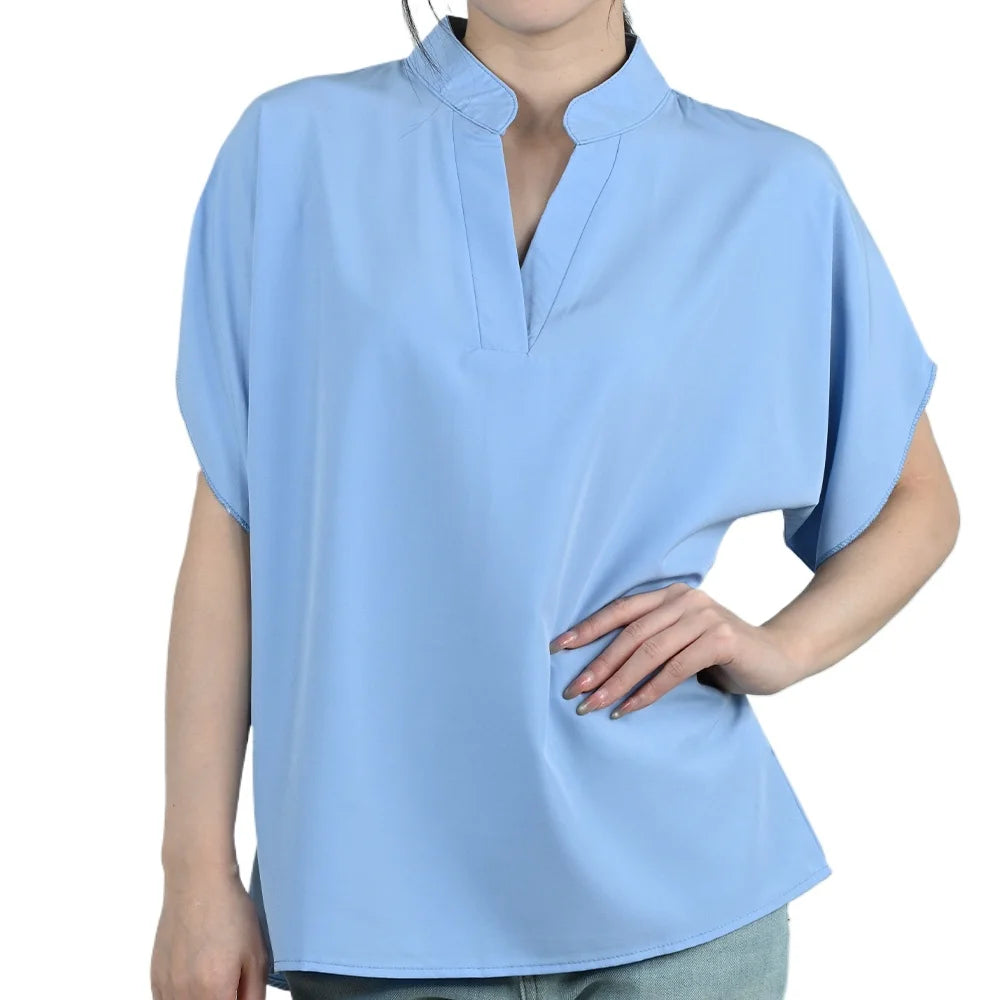 Light blue V-neck blouse with short flare sleeves, perfect for summer wear for women.