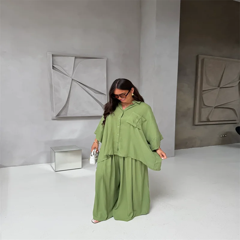 طقم بنطال نسائي من القطن بقصة واسعة