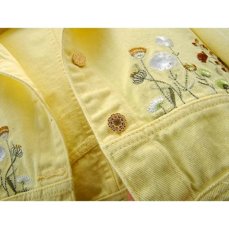 Floral Embroidery Denim Crop Jacket for Women