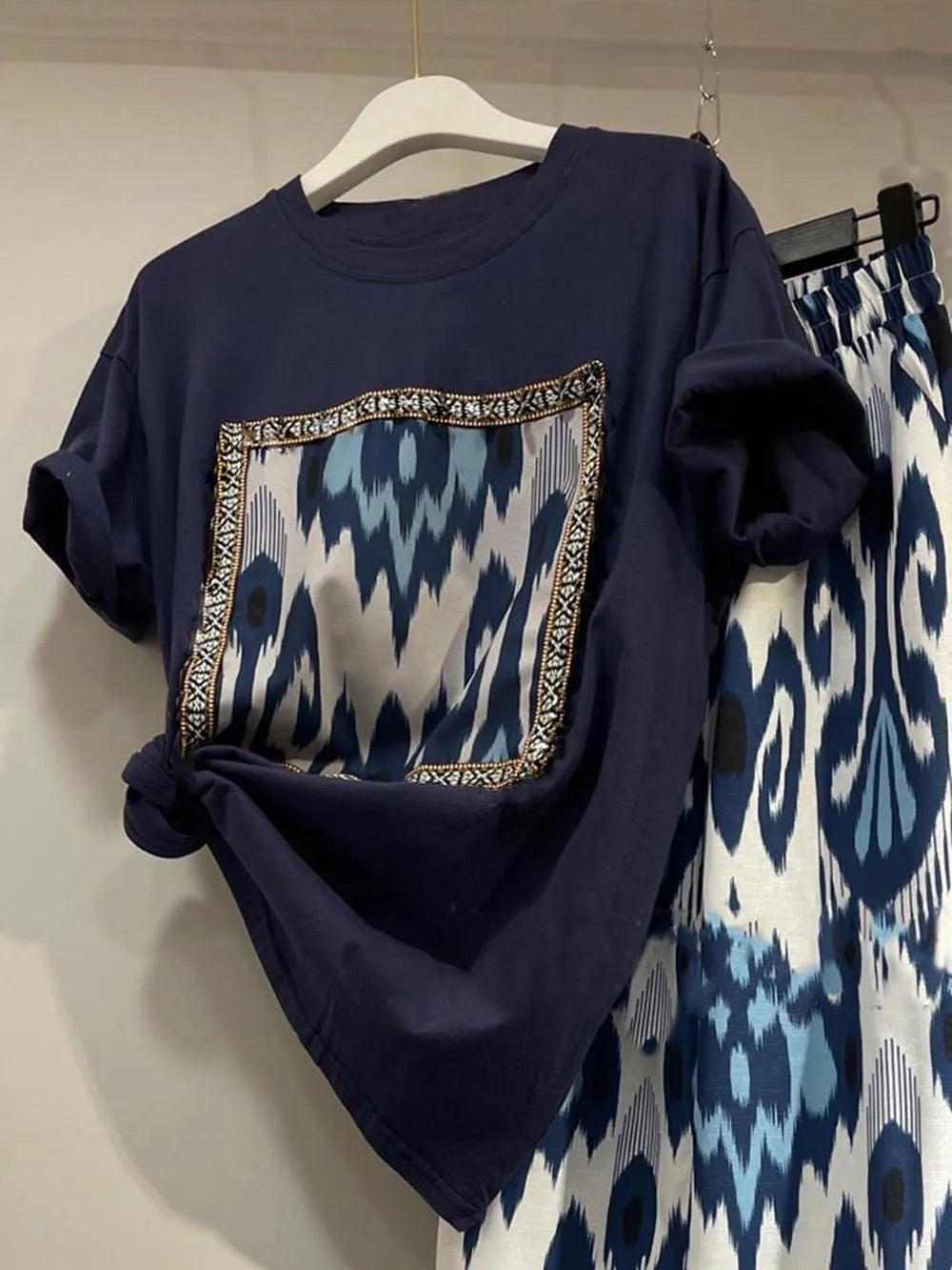 Women Summer Patchwork T-Shirt Pants Set