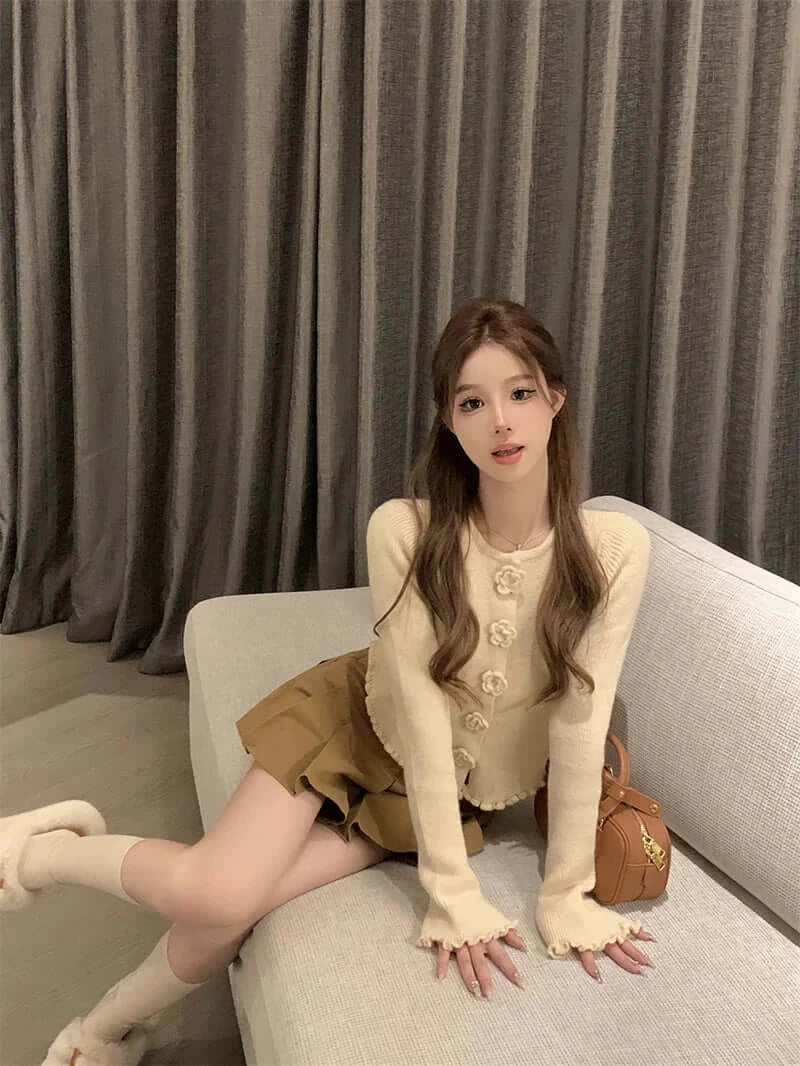 كارديجان نسائي قصير محبوك مزهر