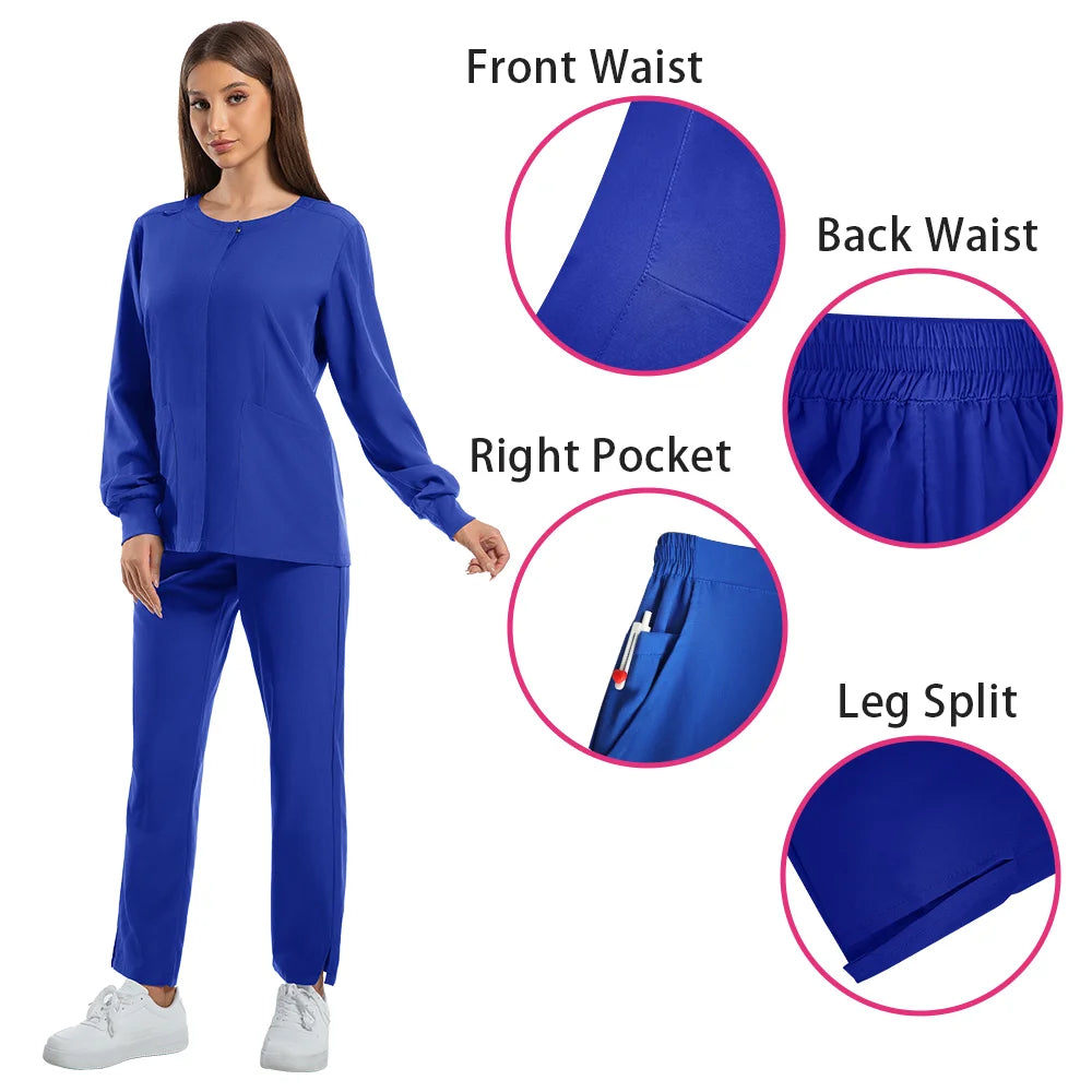 Dustproof nursing scrubs set for women showcasing front and back waist design, right pocket, and leg split in vibrant blue.