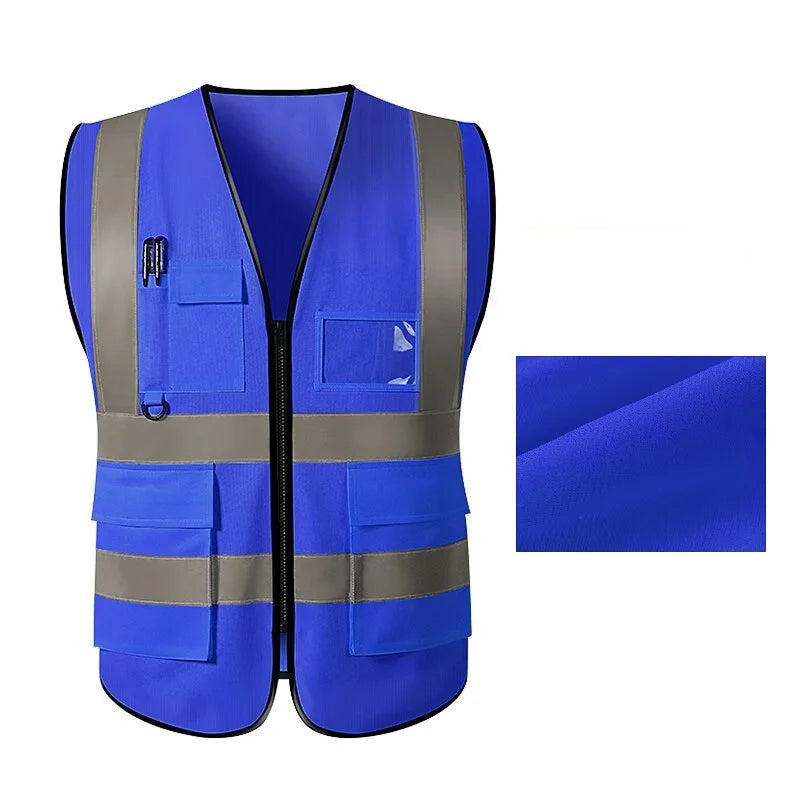 Unisex multi-pocket safety vest in blue with reflective strips for utility and safety workwear.